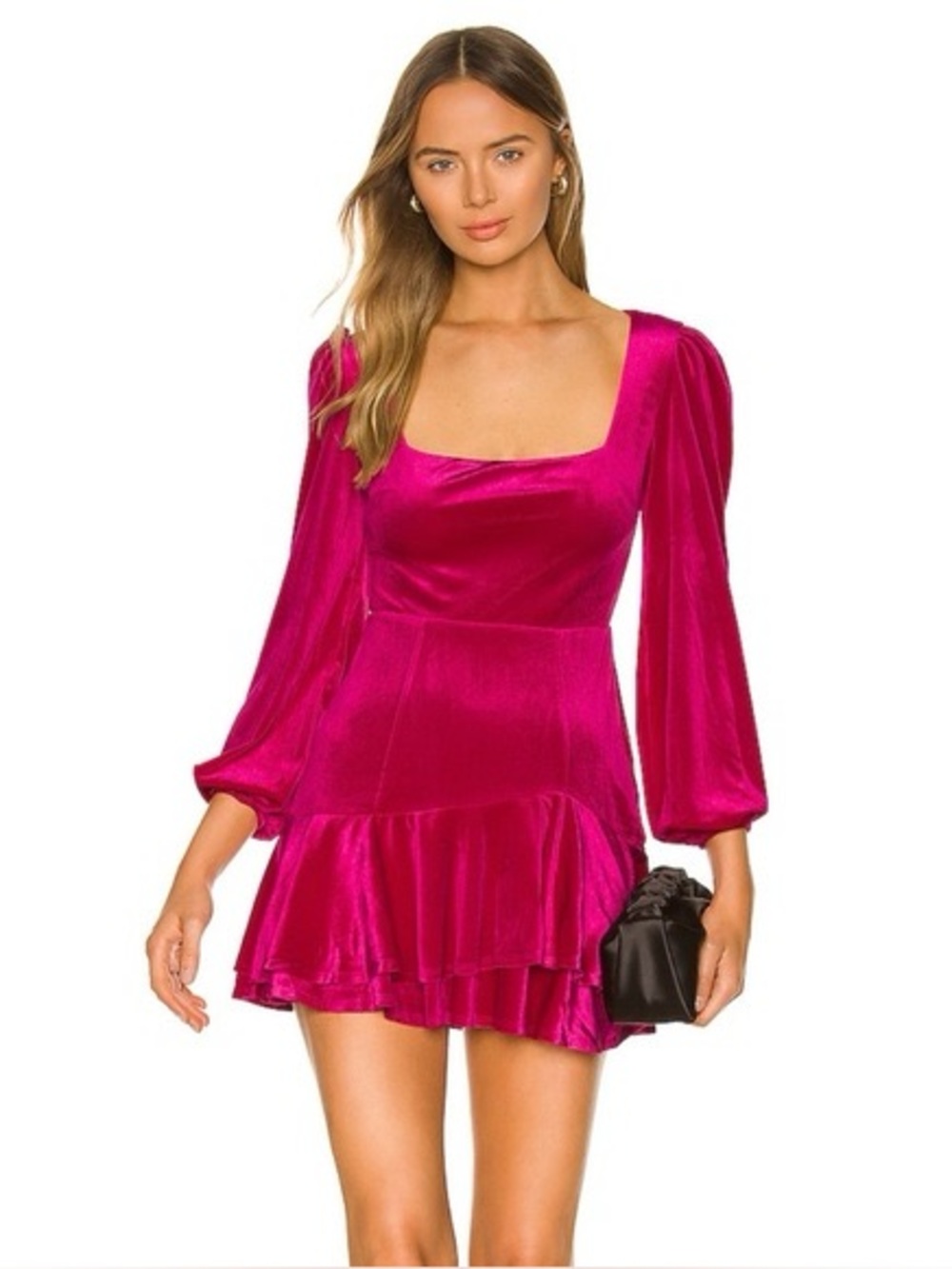 XS Fuchsia Velvet Square-Neck Mini Dress